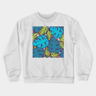 Jungle leaves and flowers abstract repeat pattern on purple Crewneck Sweatshirt